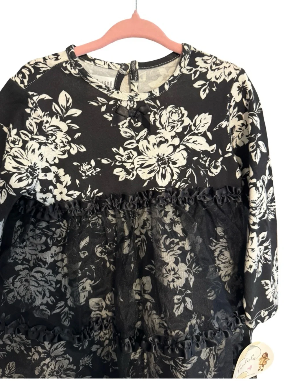 NWT Tralala Black & White Damask Tulle Tutu Dress Toddler Size 18M Long Sleeve